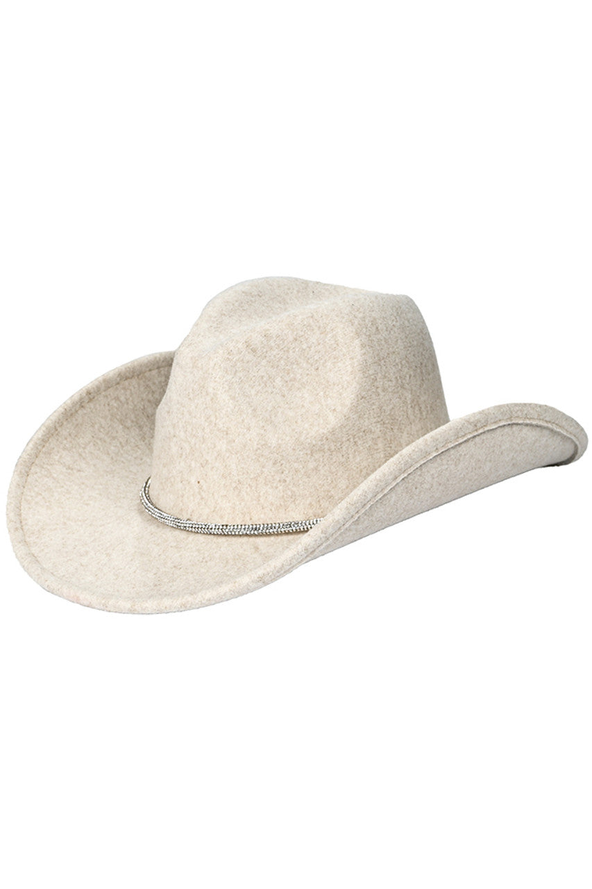 Oatmeal C.C Cowboy Vegan Felt Hat is made with high-quality materials and features a fashionable Rhinestone String Trim Band. Stay stylish and cruelty-free with this must-have accessory.