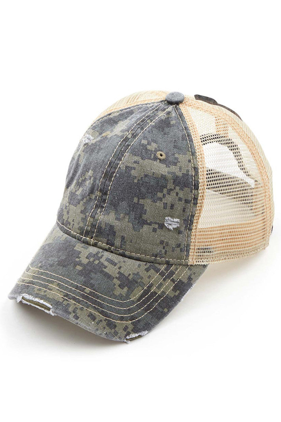 olive C.C Digital Camo Mesh Ponycap offers a unique and stylish design paired with functionality. Its digital camouflage pattern and mesh material provide a modern look while keeping your head cool. Perfect for outdoor activities or casual wear, this cap is a must-have for any fashion-forward individual.
