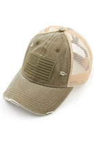 Olive C.C U.S.A EMBROIDERY American Flag PONYCAP features premium quality materials and intricate embroidery of the American flag, perfect for proudly representing your country. The cap's design is stylish and versatile, making it suitable for various occasions. Show your patriotism with pride and style.