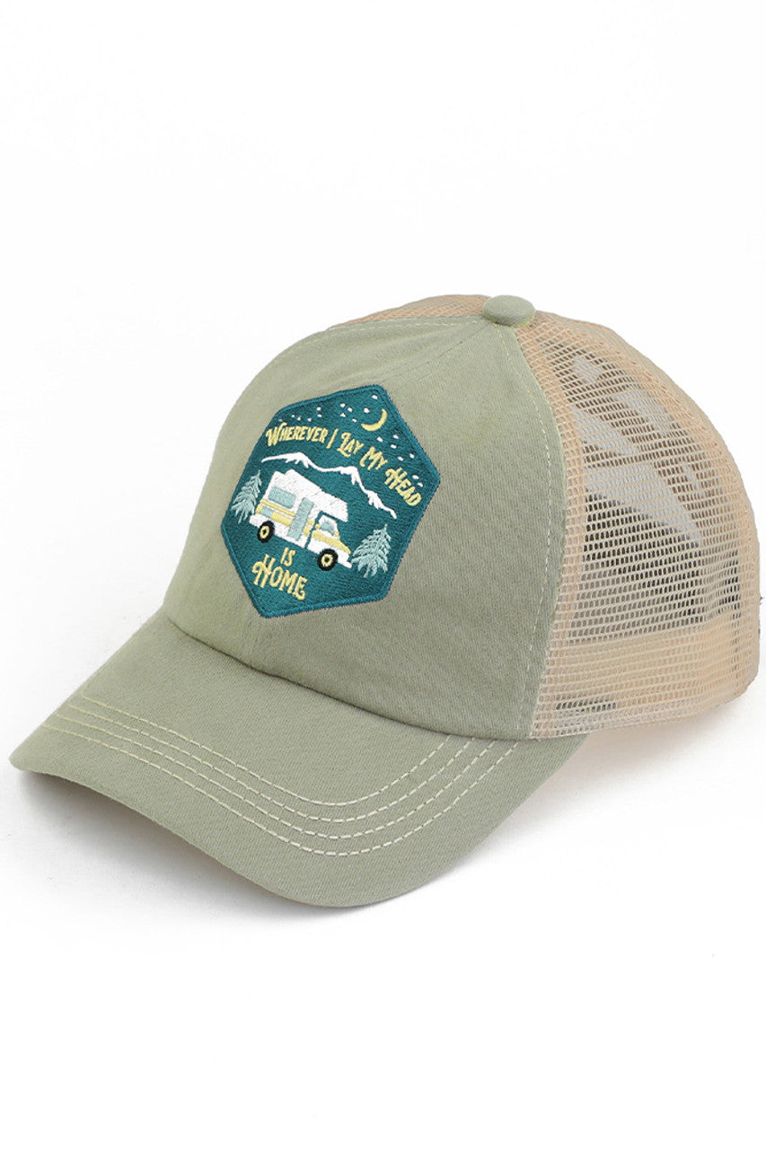 Olive C.C WHEREVER I LAY MY HEAD IS HOME PATCH PONY CAP is the perfect accessory for any outdoor adventure. Made with high-quality materials, this cap features a unique "home patch" design, providing comfort and sun protection. This stylish and practical pony cap shows off your love for the great outdoors.