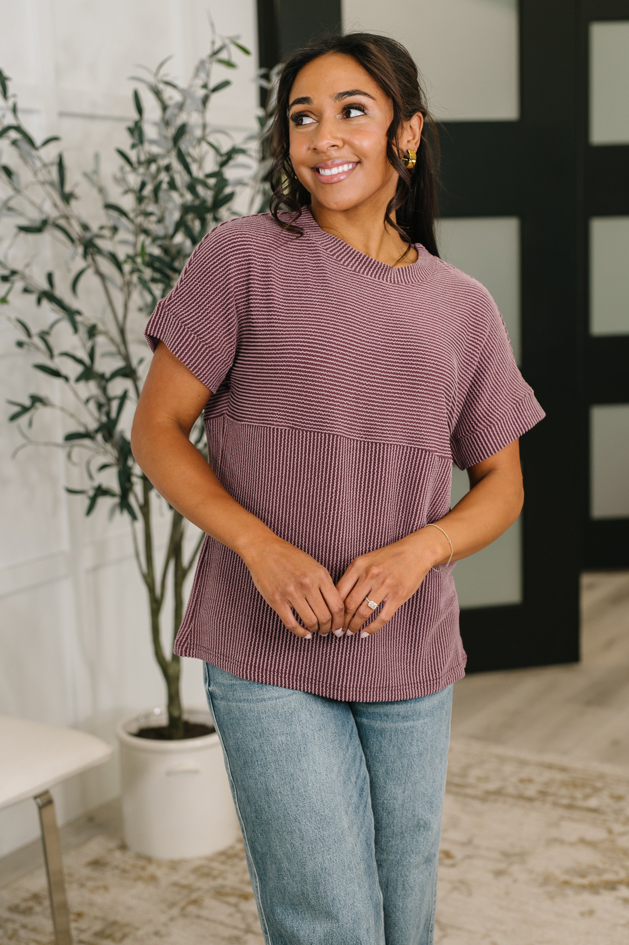 On Repeat Cable Ribbed Knit Tee - Charming Charlie