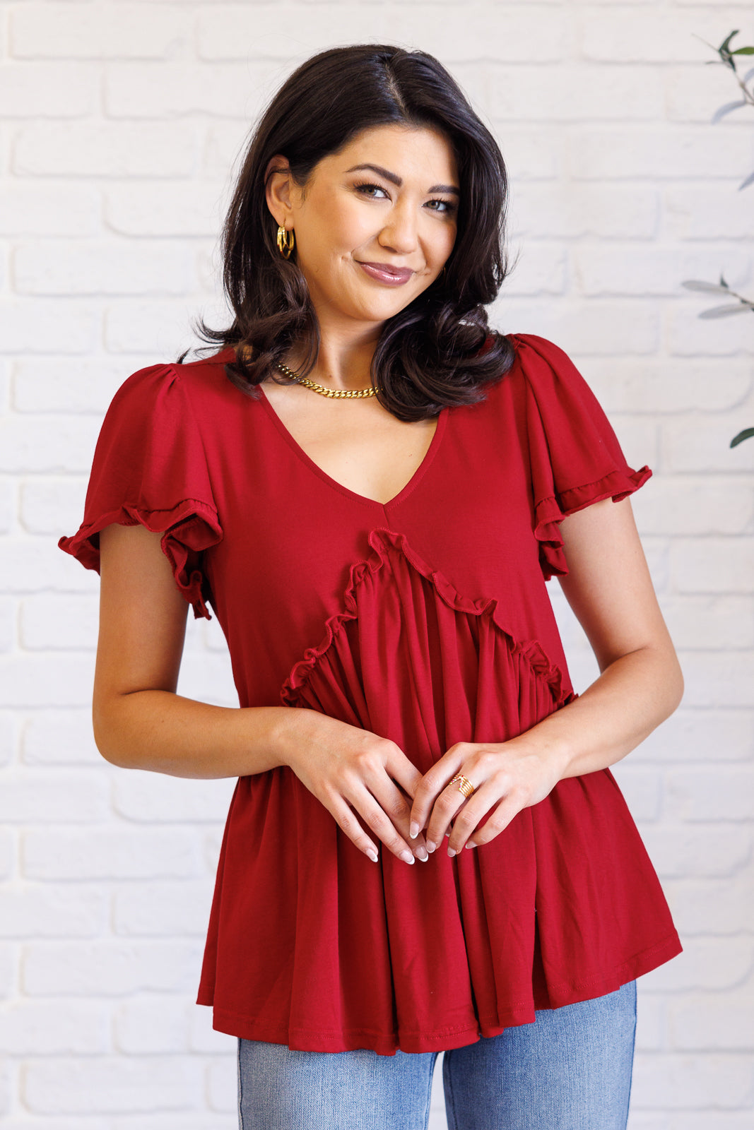 One Day Soon V-Neck Ruffle Detail Top - Charming Charlie