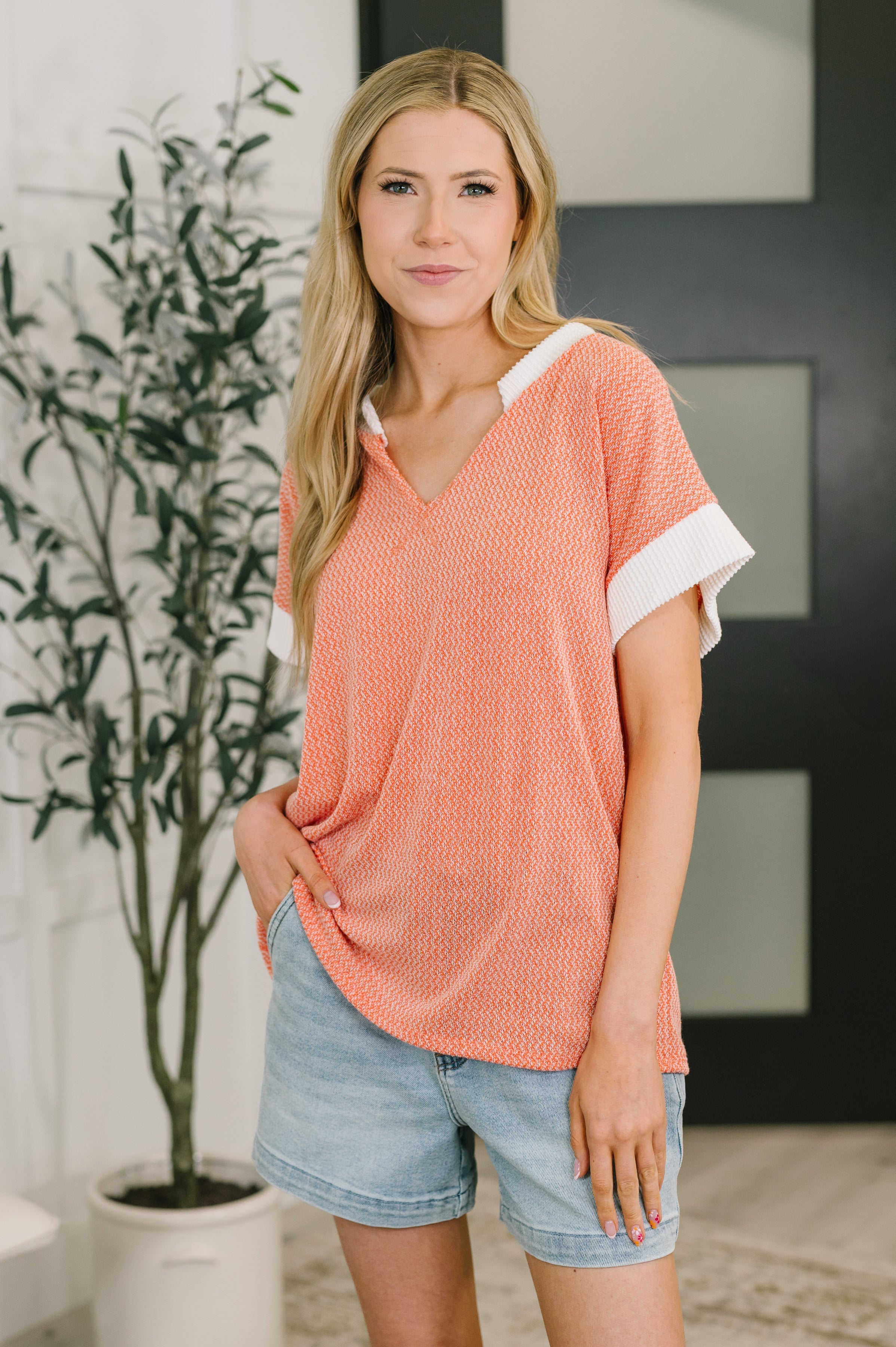One Piece at a Time V-Neck Short Sleeve Top in Coral - Charming Charlie