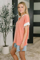 One Piece at a Time V-Neck Short Sleeve Top in Coral - Charming Charlie