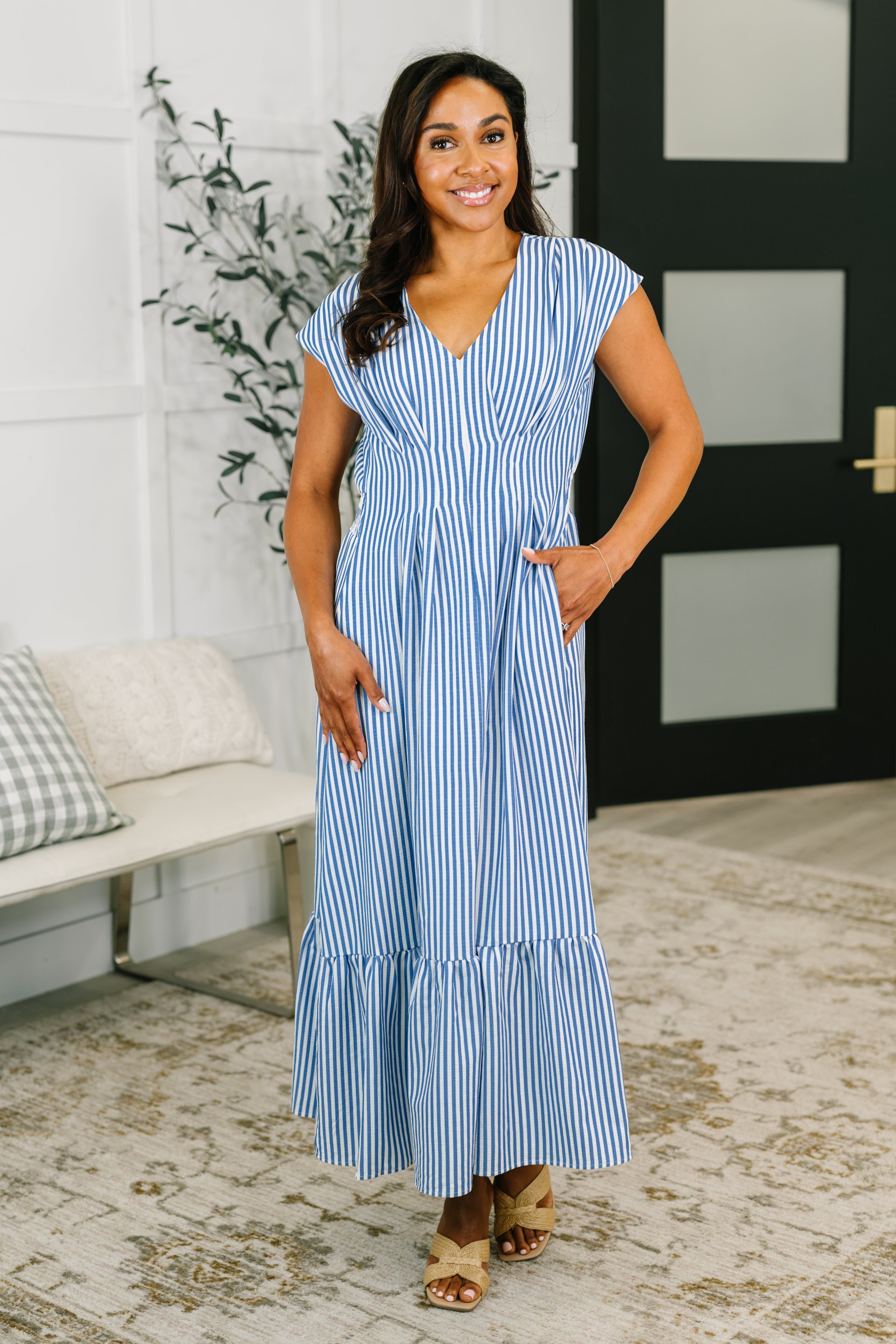 Only Chance Pleated Smock Waist Maxi Dress in Blue - Charming Charlie