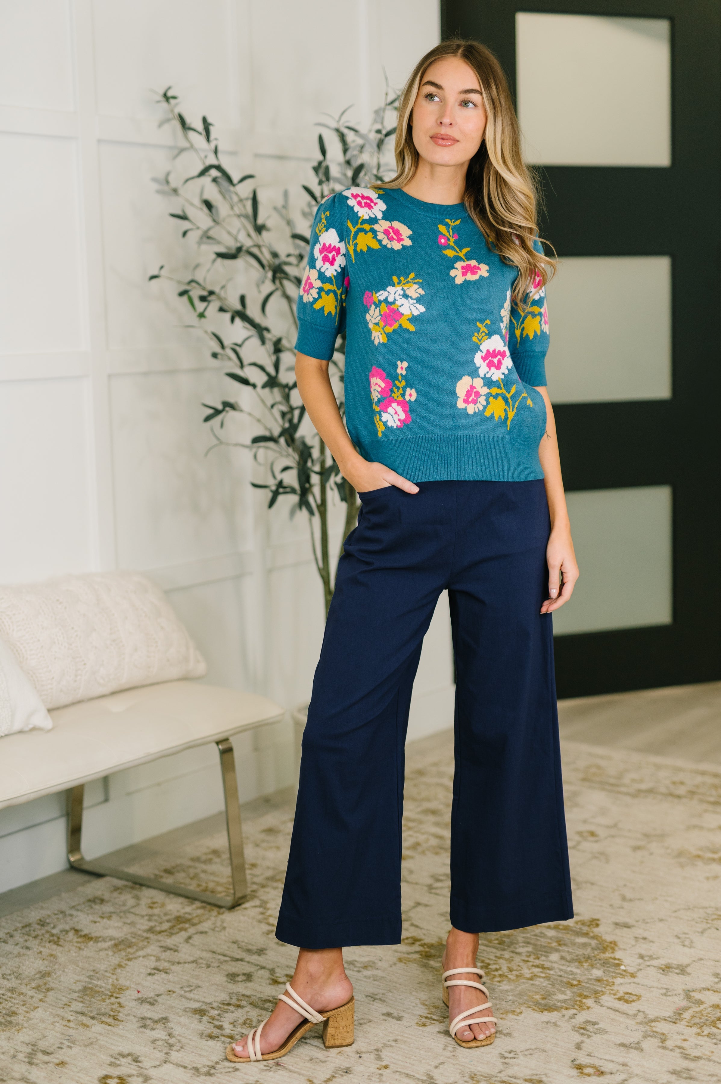 Only Pair High Waisted Wide Leg Bottoms in Navy - Charming Charlie