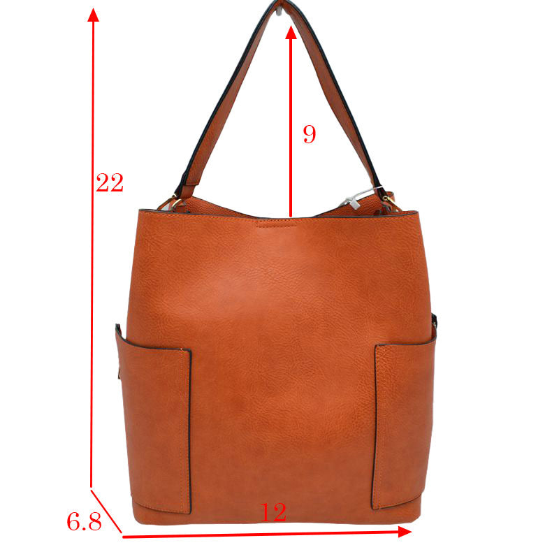 Orange 2in1 Chic Satchel Side Pocket With Long Strap Bucket Bag, This casual crossbody bucket bag is super soft Vegan leather and has convenient side pockets to carry water bottles, phones, or glasses and a removable zipper pouch. Gold hardware. Extra bag inside and strap to make it a crossbody. Perfect for carrying around your stuff, this bag is big enough for all your daily essentials.