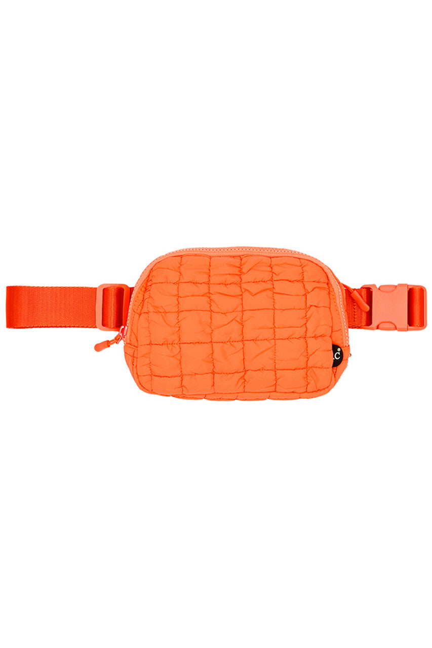 Orange C.C Quilted Puffer Fanny Pack is a stylish and functional accessory for any on-the-go individual. Made with durable quilted material, this fanny pack provides convenient storage for your essentials while remaining comfortable to wear. Perfect for travelers, runners, and outdoor enthusiasts.