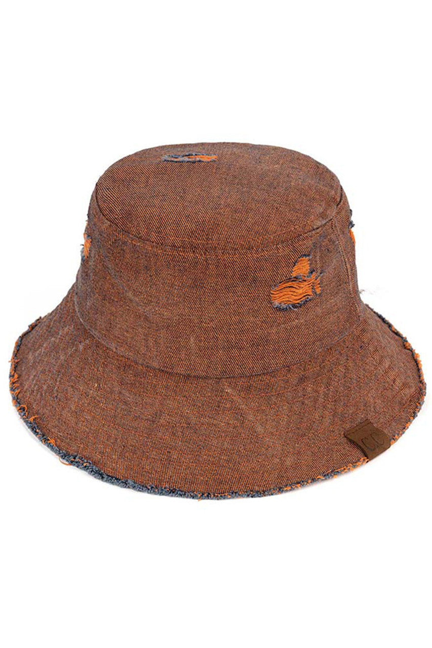 Orange  C.C. Stone Washed Denim Bucket Hat provides sun protection while also adding a stylish touch to any outfit. Made with high-quality stone-washed denim, this hat is durable and comfortable to wear. Perfect for any outdoor activity or for simply running errands, it is a must-have for any fashion-forward individual.