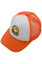 Orange C.C TAKE IT EASY Smiley Face Trucker Cap is the perfect addition to your casual wardrobe. Made with durable materials, this cap offers a comfortable fit and features a fun smiley face design. Stay cool and stylish while protecting your face from the sun