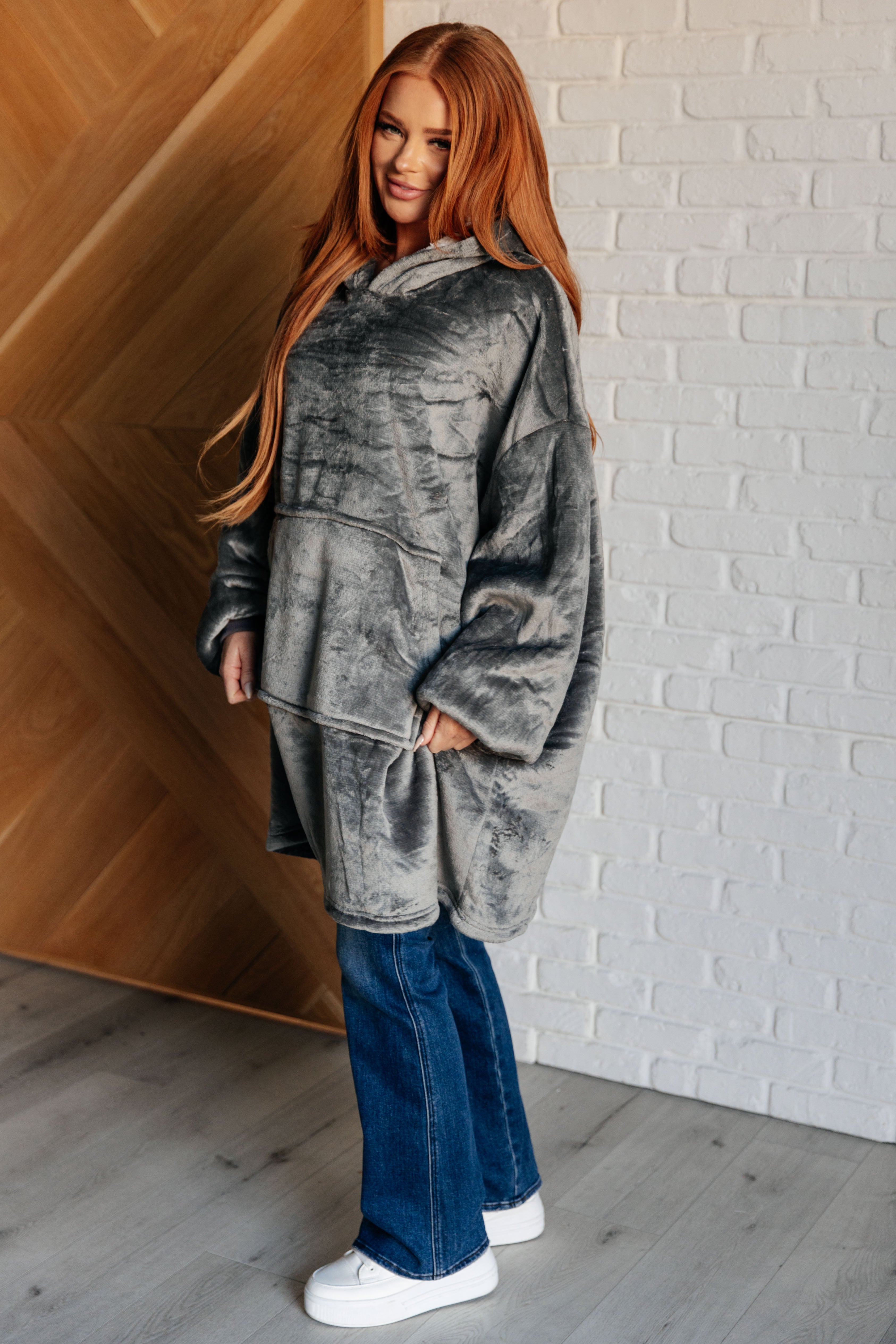 Oversized Velour Blanket Hoodie in Gray - Charming Charlie