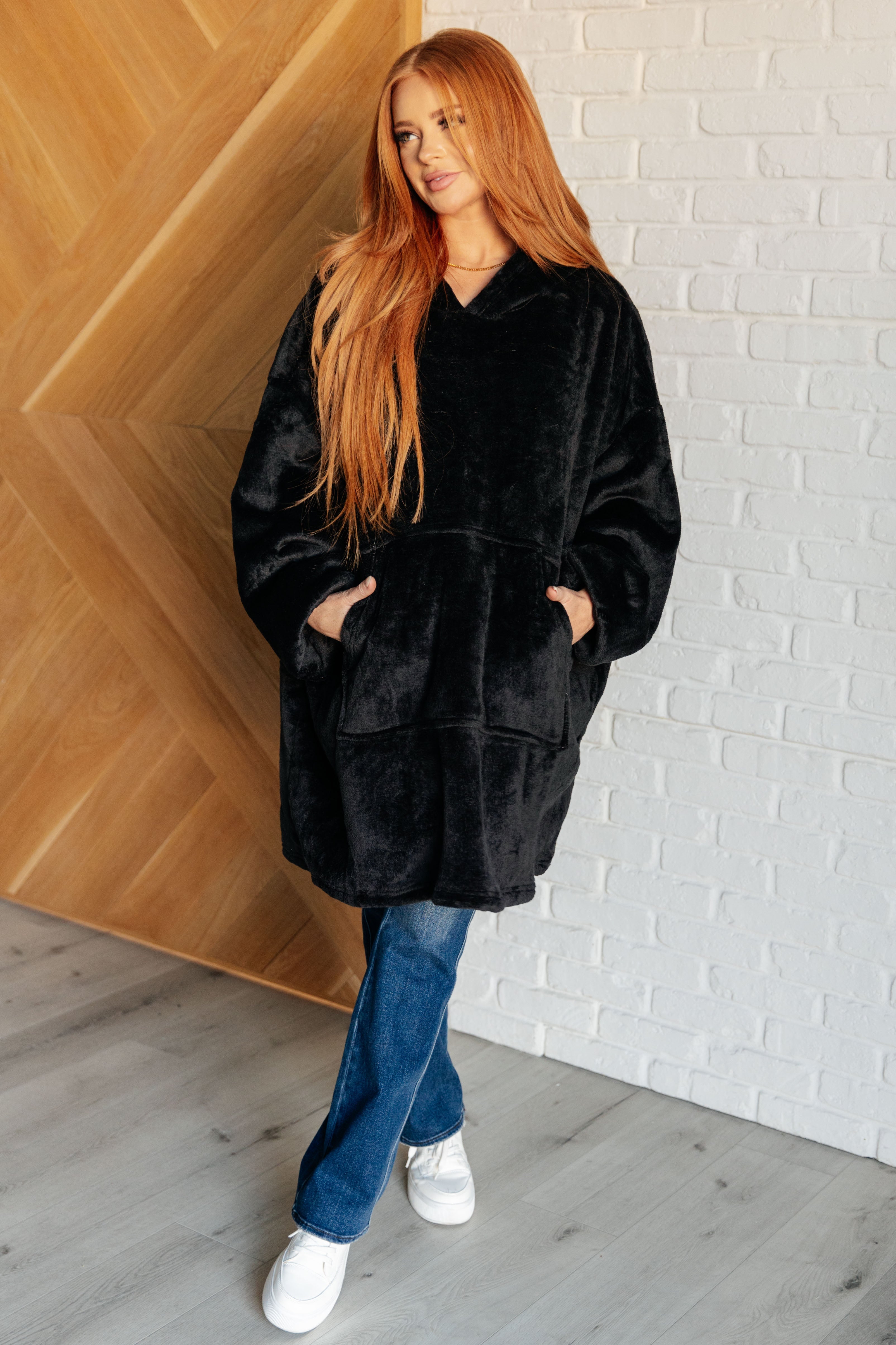 Oversized Velour Blanket Hoodie in Black - Charming Charlie