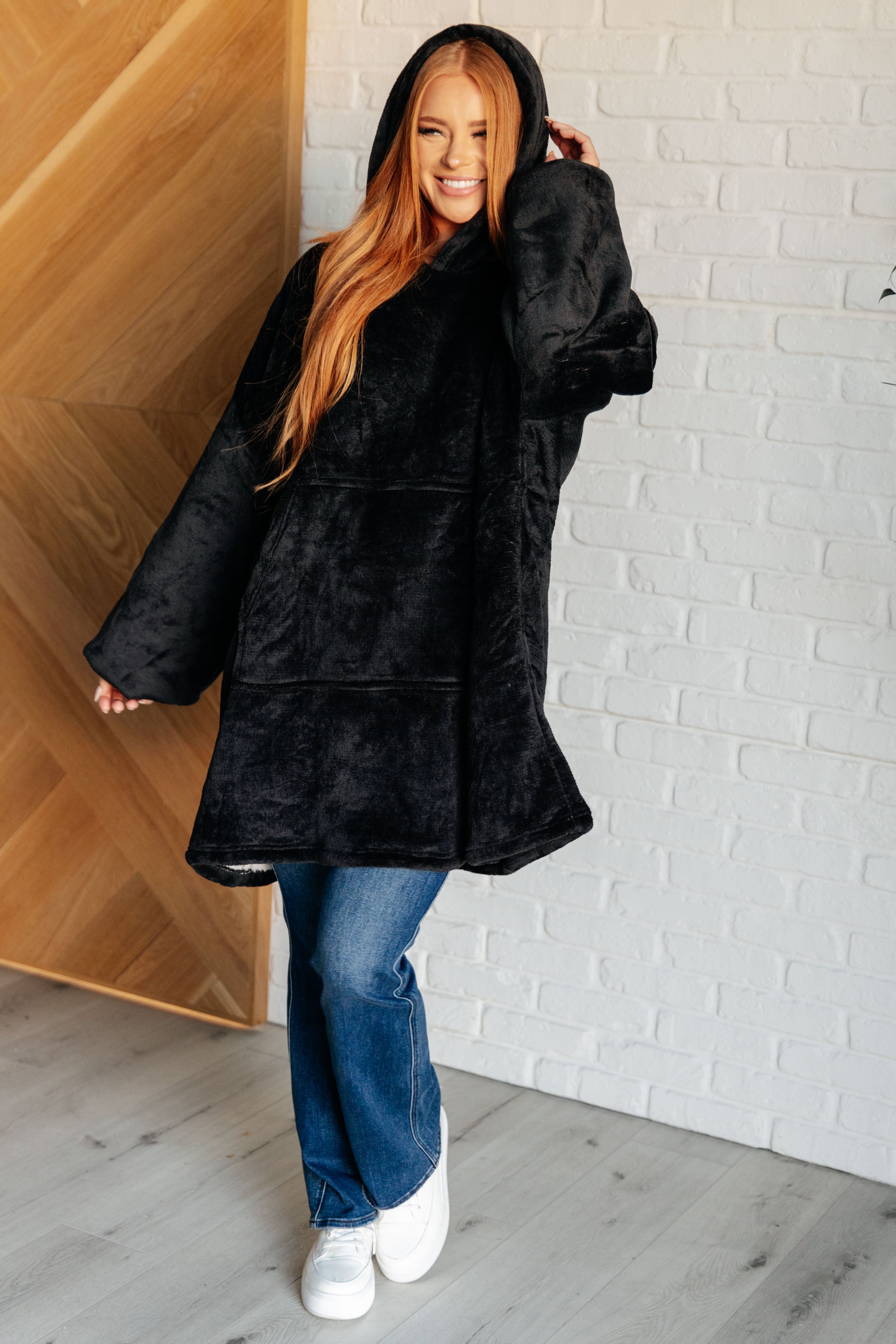 Oversized Velour Blanket Hoodie in Black - Charming Charlie