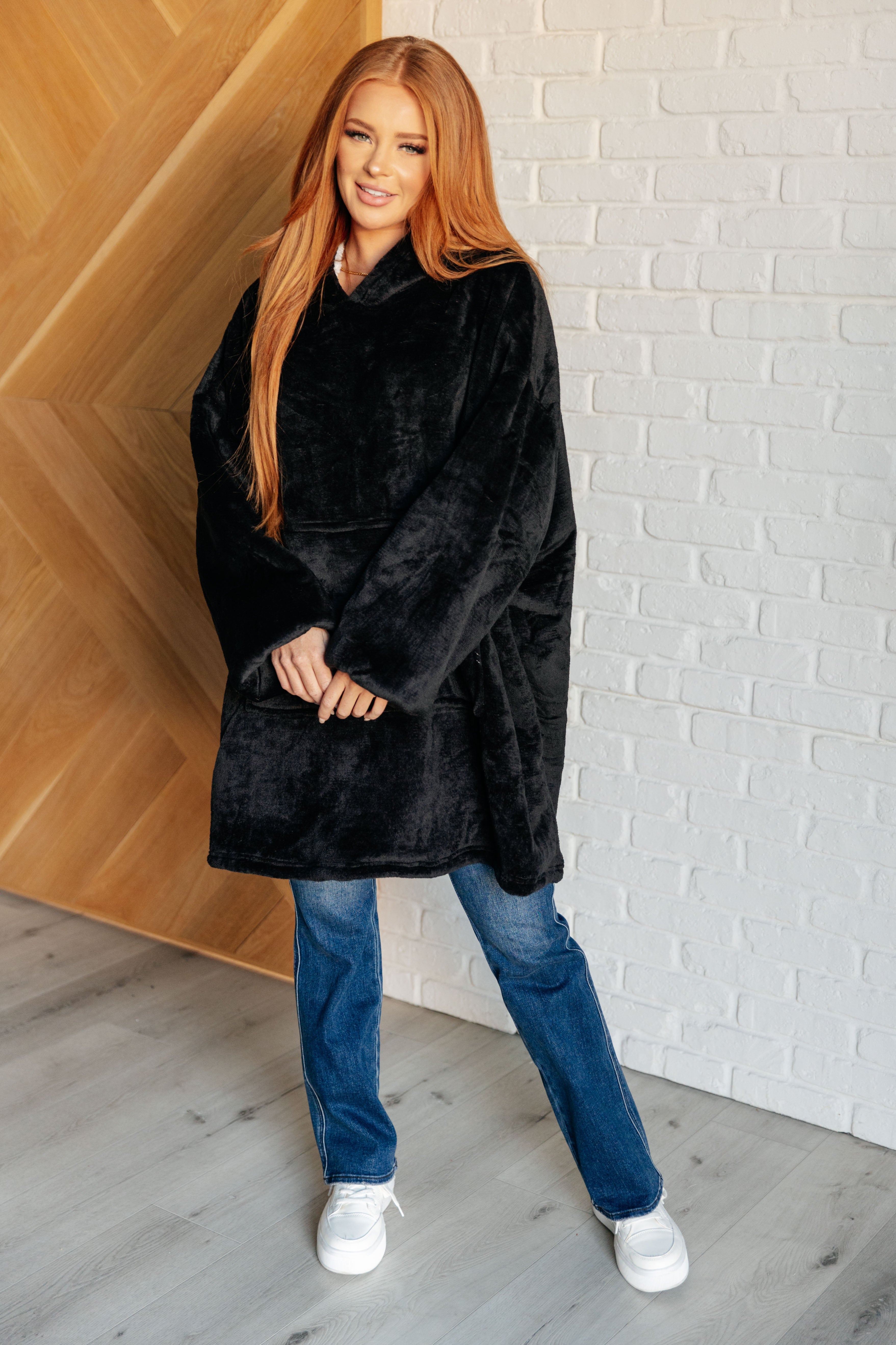 Oversized Velour Blanket Hoodie in Black - Charming Charlie