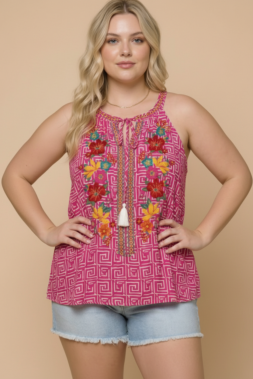 Boho Blooms Embroidered Halter Top in Fuchsia - Charming Charlie
