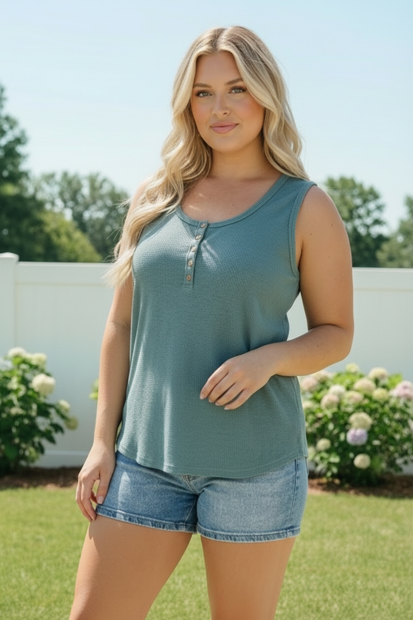 Waffle Knit Henley Tank in Dusty Teal - Charming Charlie