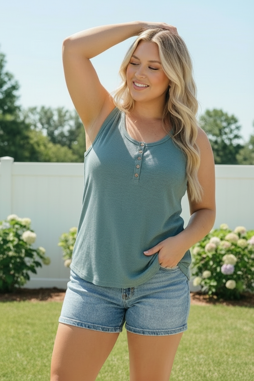 Waffle Knit Henley Tank in Dusty Teal - Charming Charlie