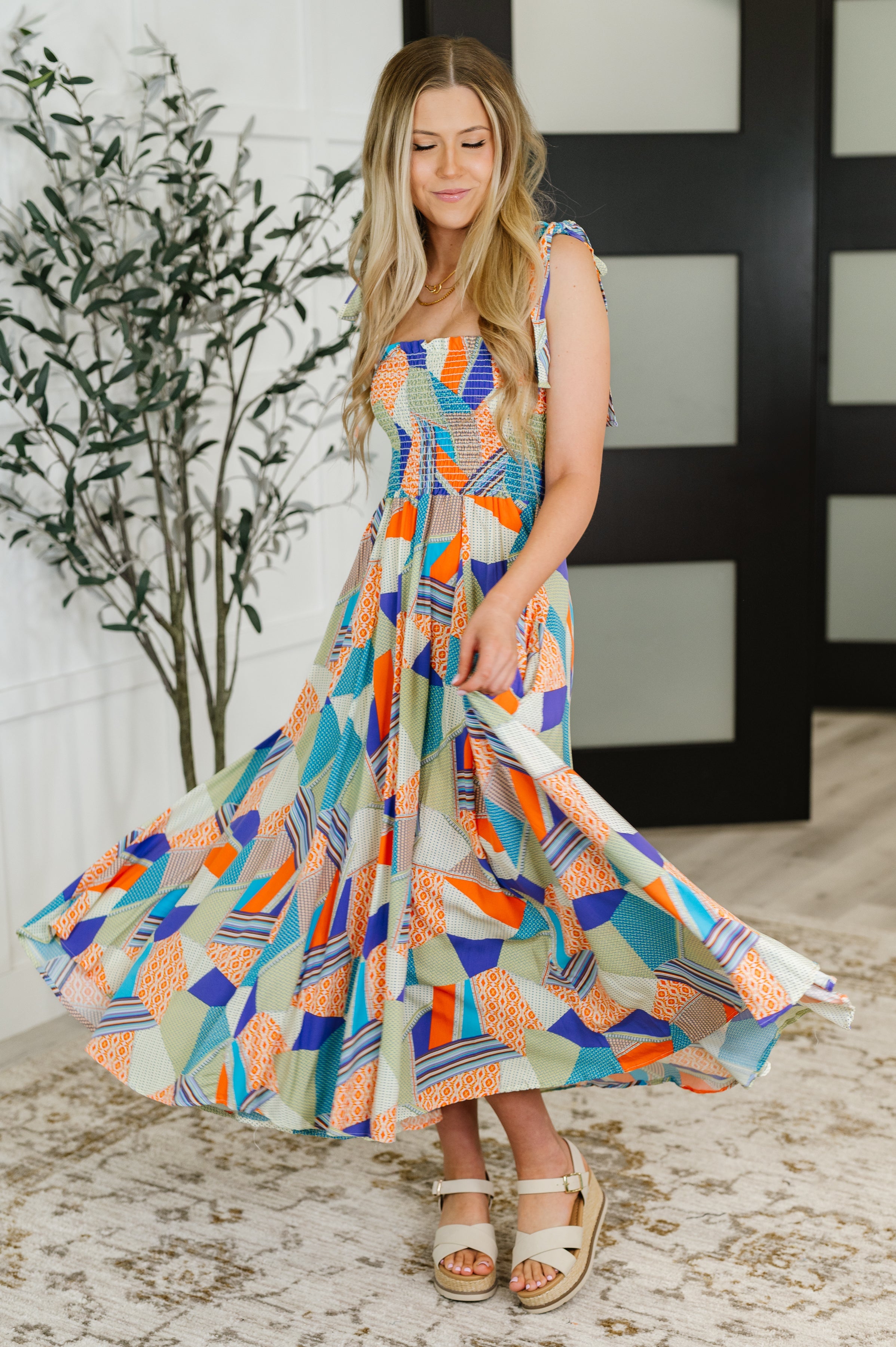 Paint Me Pretty Square Neck Dress in Lime, Blue and Tangerine - Charming Charlie