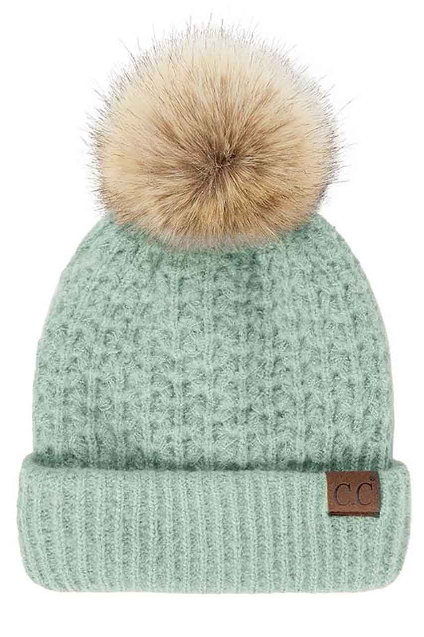 Pale Mint C.C Smocking Stitch Pattern Pom Beanie Hat, Warm Winter Beanie Hat; before running out the door into the cool air, you’ll want to reach for this toasty beanie to keep you incredibly warm. Comfortable beanie keep your head and ear warm during the winter. Awesome winter gift accessory!  This smocking stitch pattern pom beanie can be worn both casual and sophisticated wear and also perfect for outdoor fashion, including biking, camping, ice skating, snowboarding, running and more.
