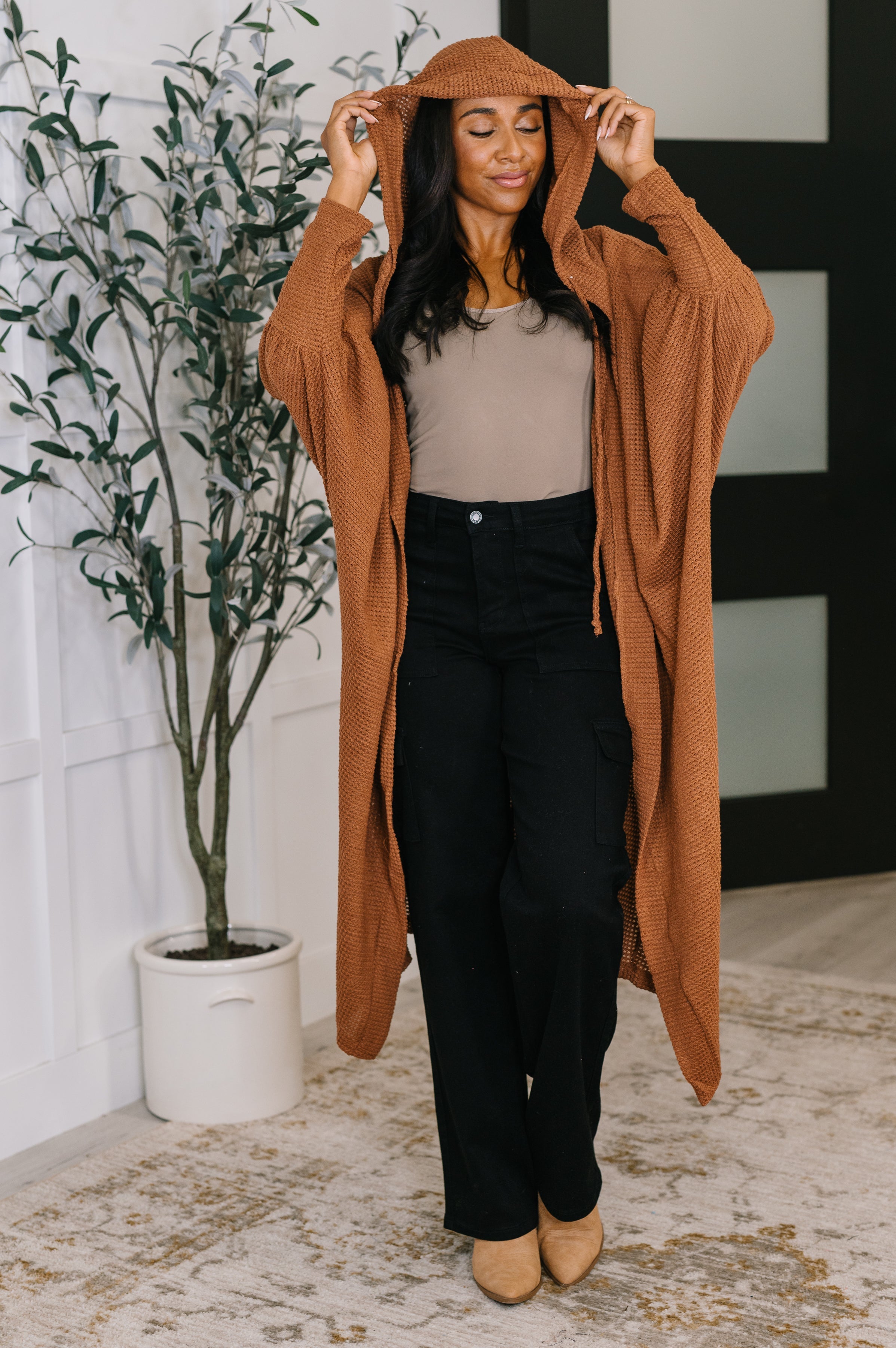 Pamper Travel Hooded Cardigan in Chestnut - Charming Charlie