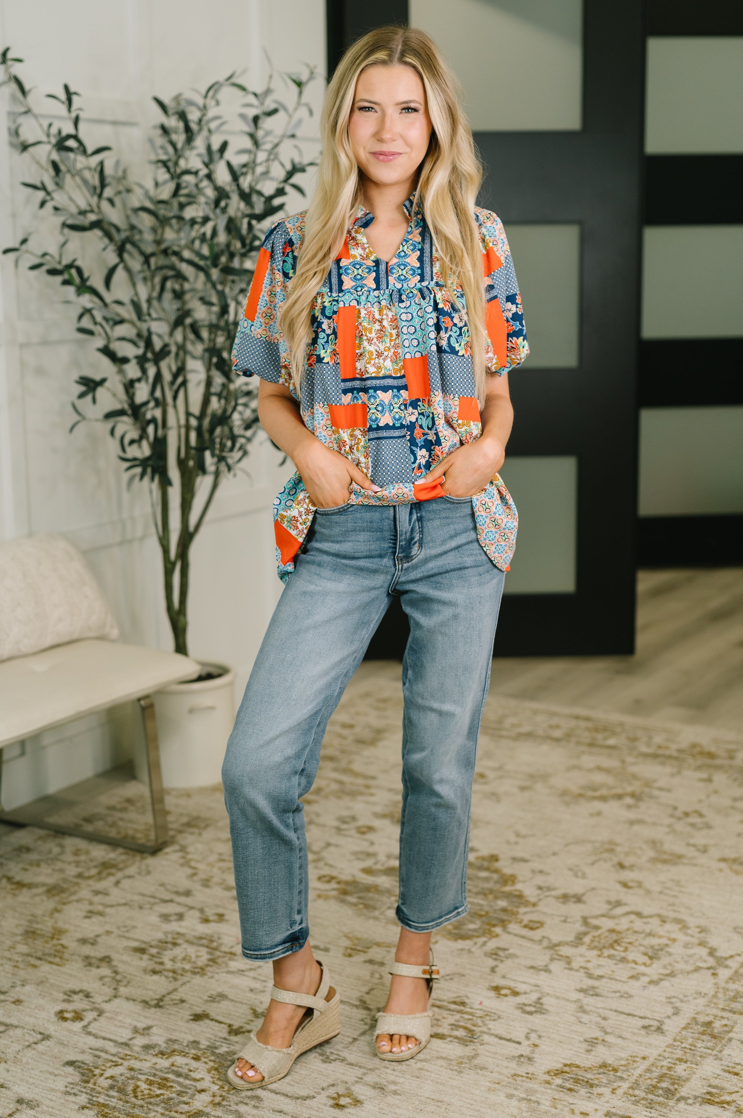 Pardon Me Patchwork Puff Sleeve Blouse - Charming Charlie