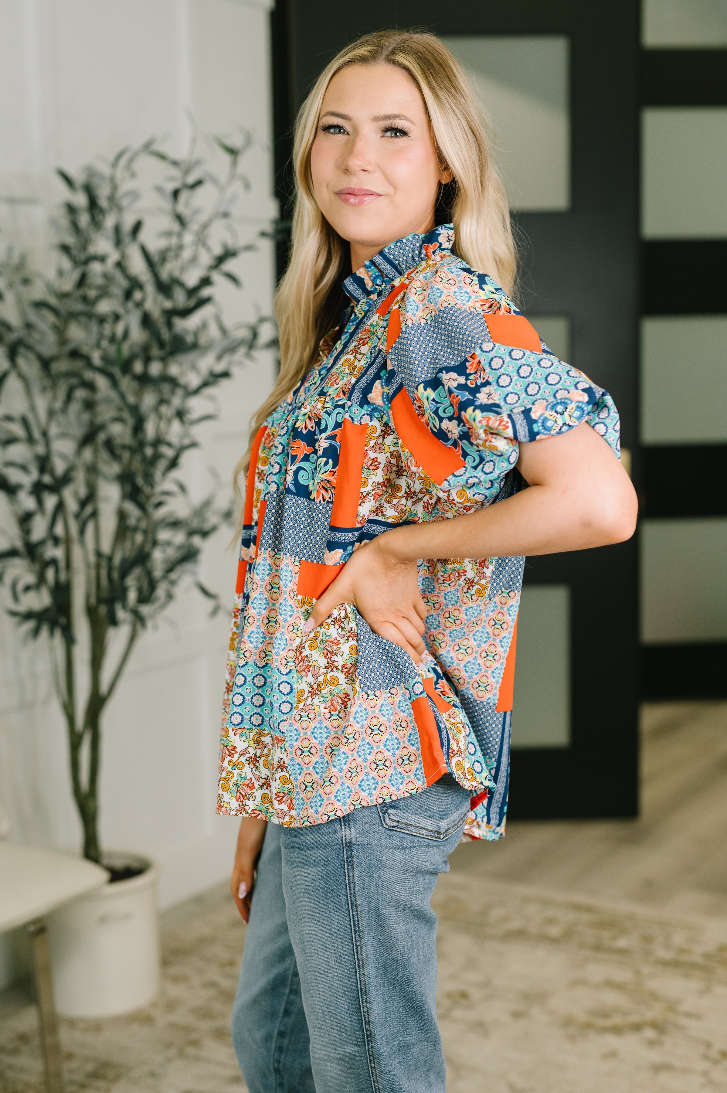 Pardon Me Patchwork Puff Sleeve Blouse - Charming Charlie