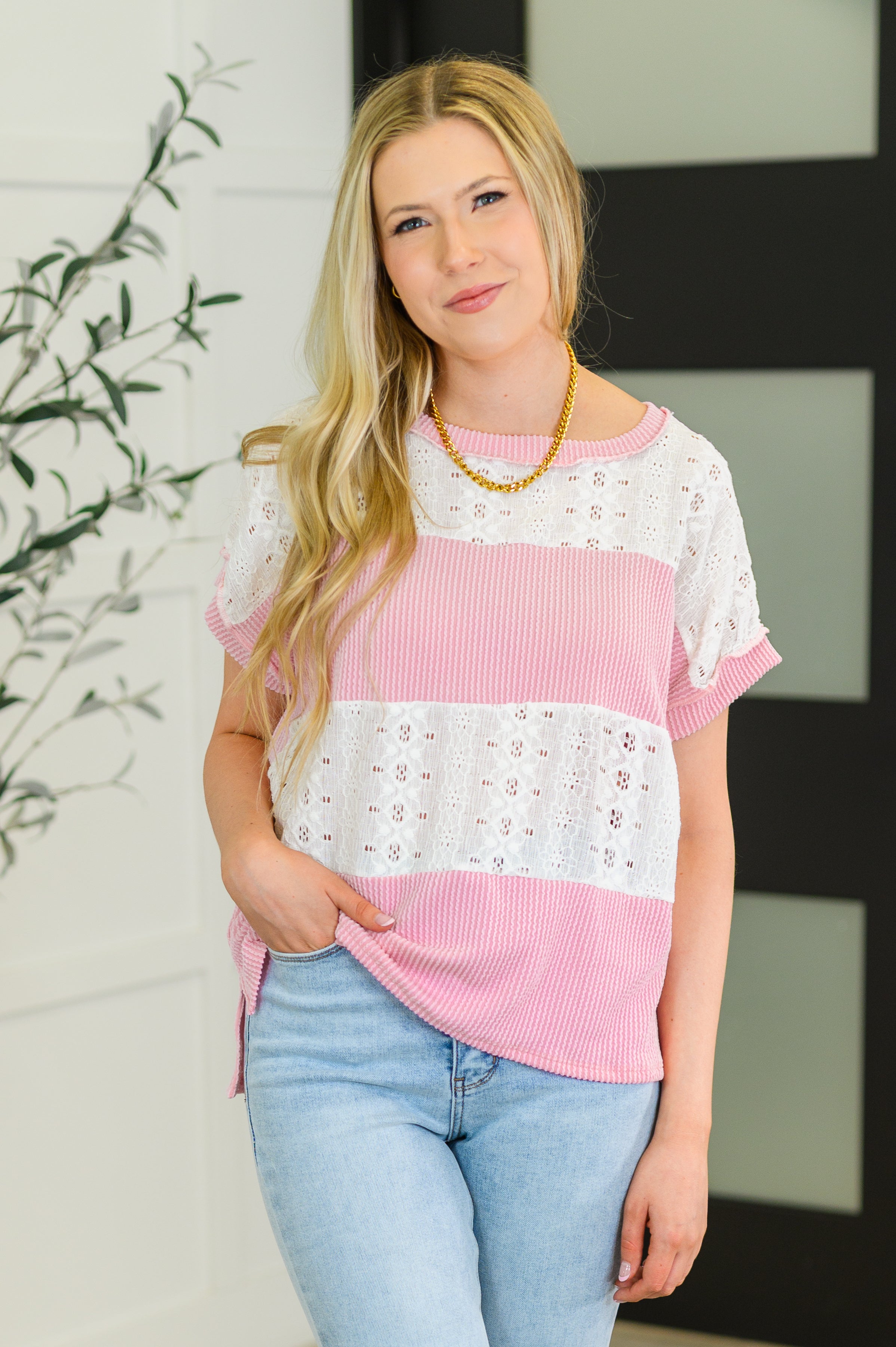 Parlour Picnic Color Block Knit Top in Pink - Charming Charlie