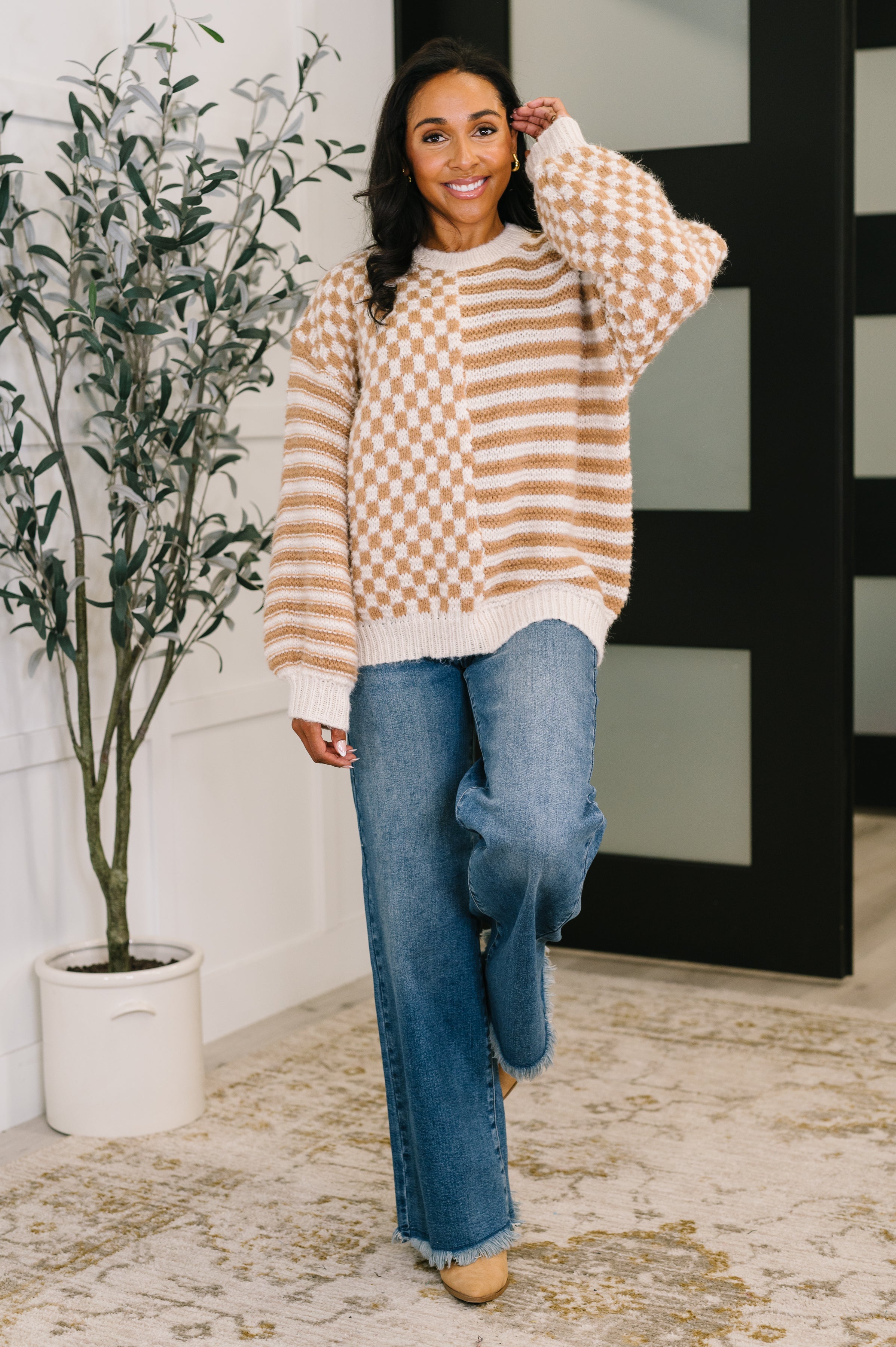 Pattern Play Oversized Pullover in Taupe - Charming Charlie