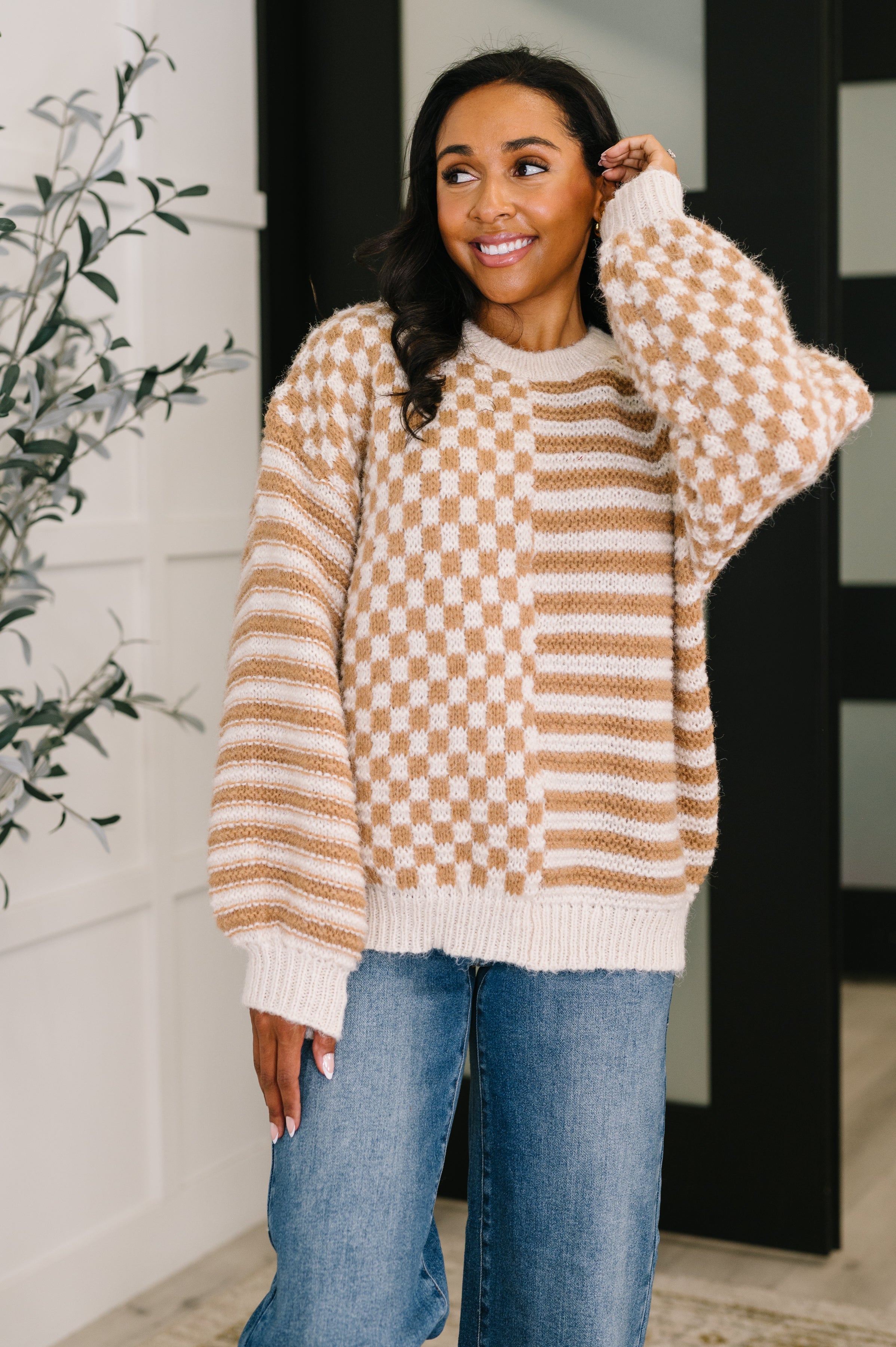 Pattern Play Oversized Pullover in Taupe - Charming Charlie