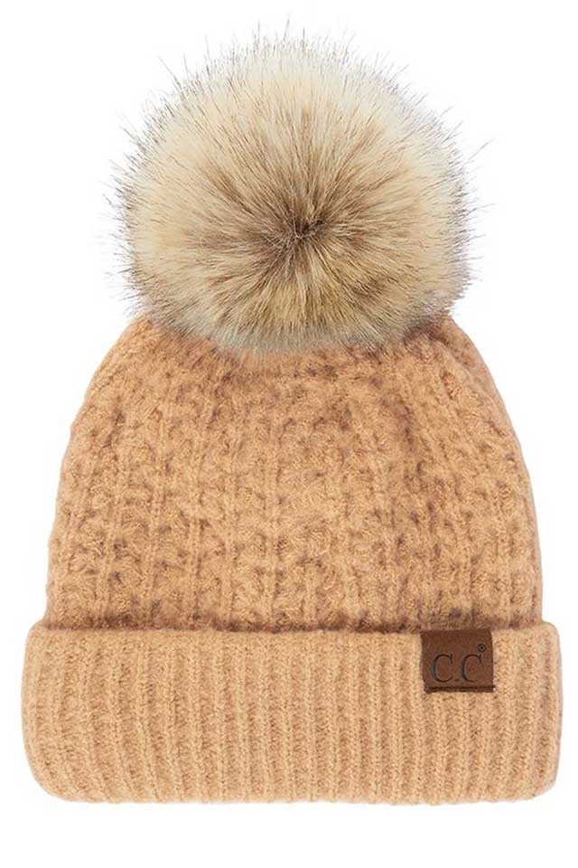 Peanut Beige C.C Smocking Stitch Pattern Pom Beanie Hat, Warm Winter Beanie Hat; before running out the door into the cool air, you’ll want to reach for this toasty beanie to keep you incredibly warm. Comfortable beanie keep your head and ear warm during the winter. Awesome winter gift accessory!  This smocking stitch pattern pom beanie can be worn both casual and sophisticated wear and also perfect for outdoor fashion, including biking, camping, ice skating, snowboarding, running and more.