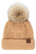 Peanut Beige C.C Smocking Stitch Pattern Pom Beanie Hat, Warm Winter Beanie Hat; before running out the door into the cool air, you’ll want to reach for this toasty beanie to keep you incredibly warm. Comfortable beanie keep your head and ear warm during the winter. Awesome winter gift accessory!  This smocking stitch pattern pom beanie can be worn both casual and sophisticated wear and also perfect for outdoor fashion, including biking, camping, ice skating, snowboarding, running and more.
