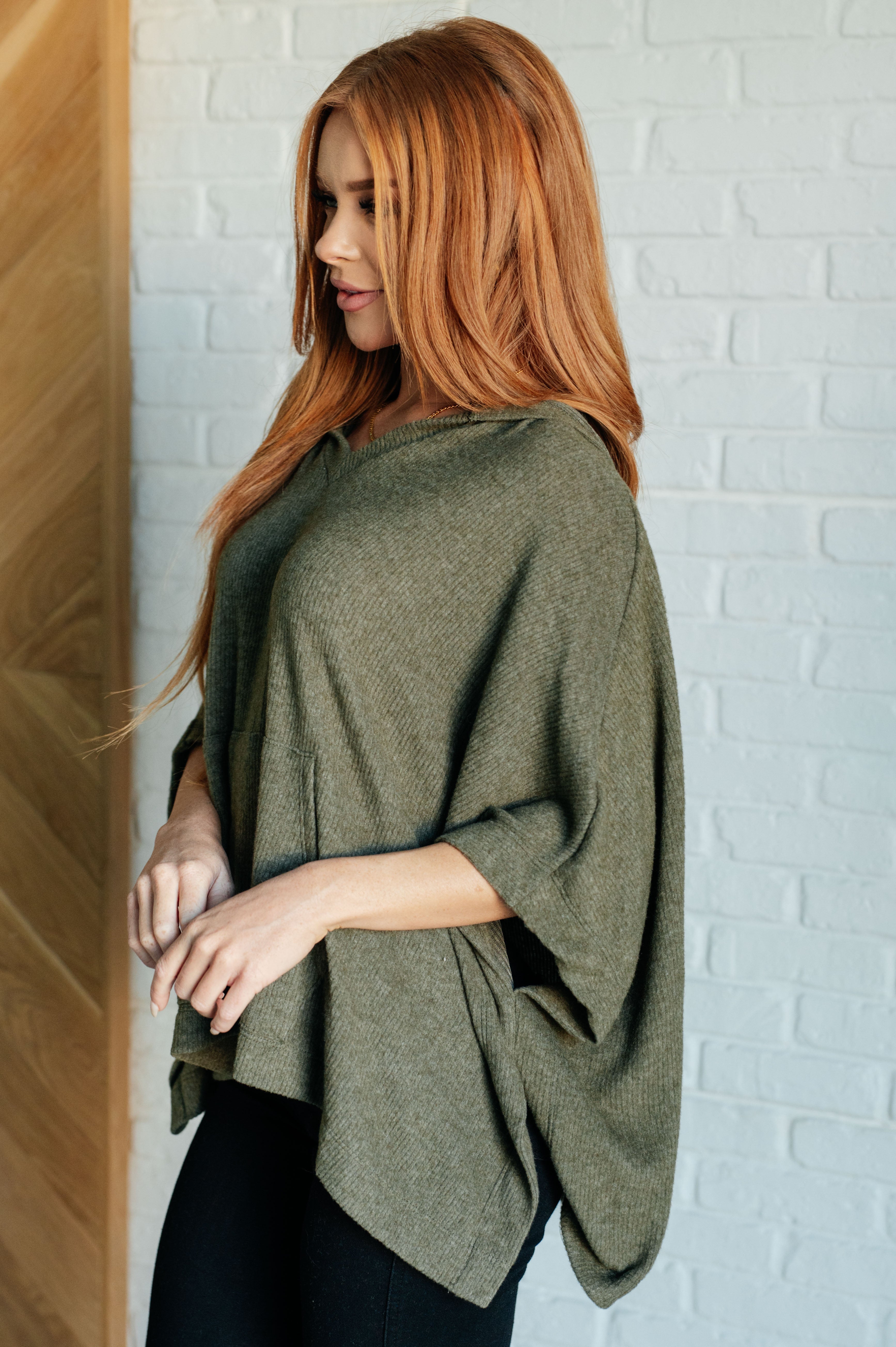 Perfectly Poised Hooded Poncho in Olive - Charming Charlie