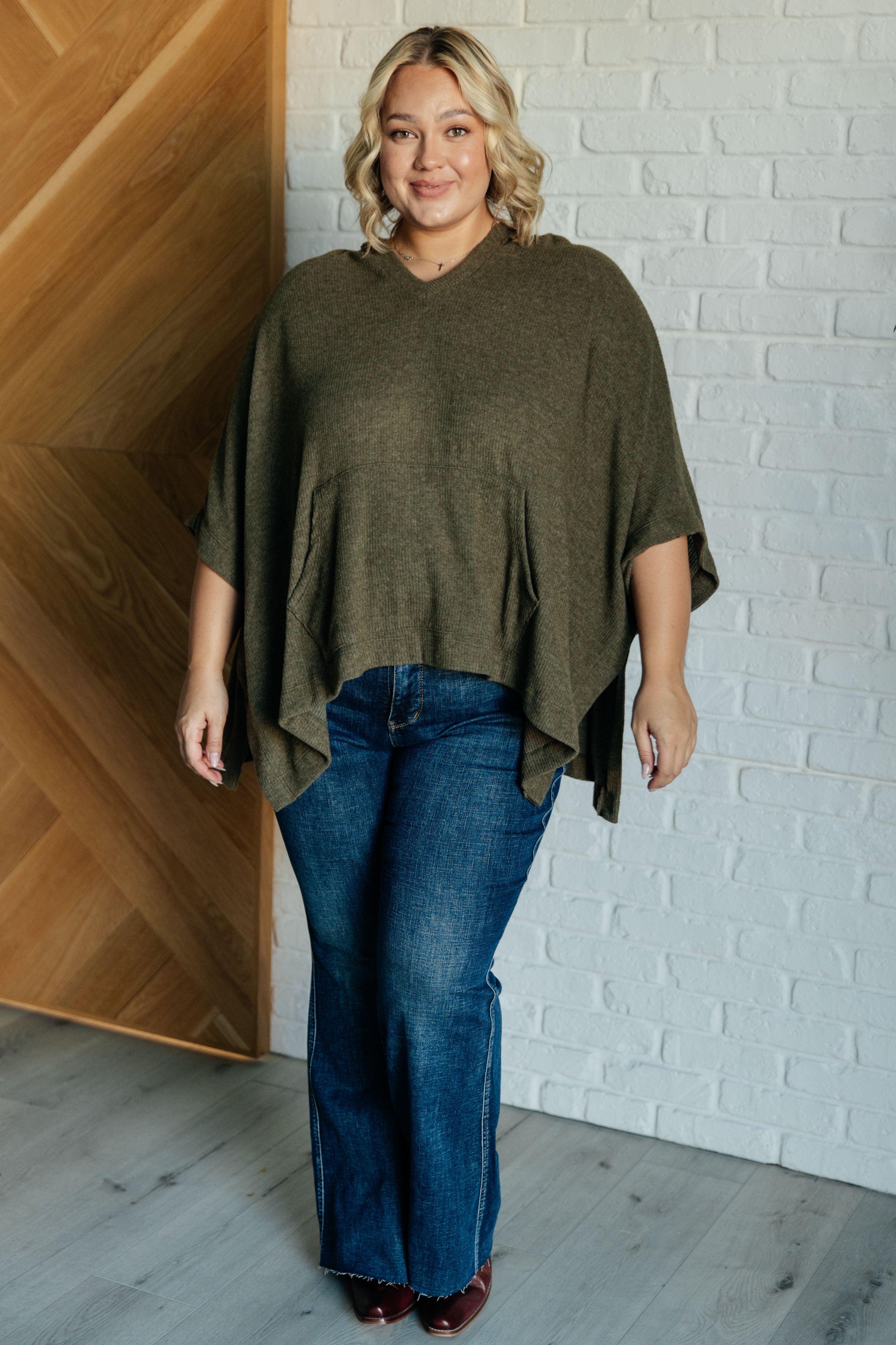 Perfectly Poised Hooded Poncho in Olive - Charming Charlie