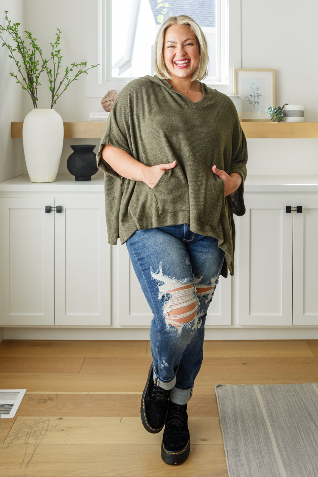 Perfectly Poised Hooded Poncho in Olive - Charming Charlie