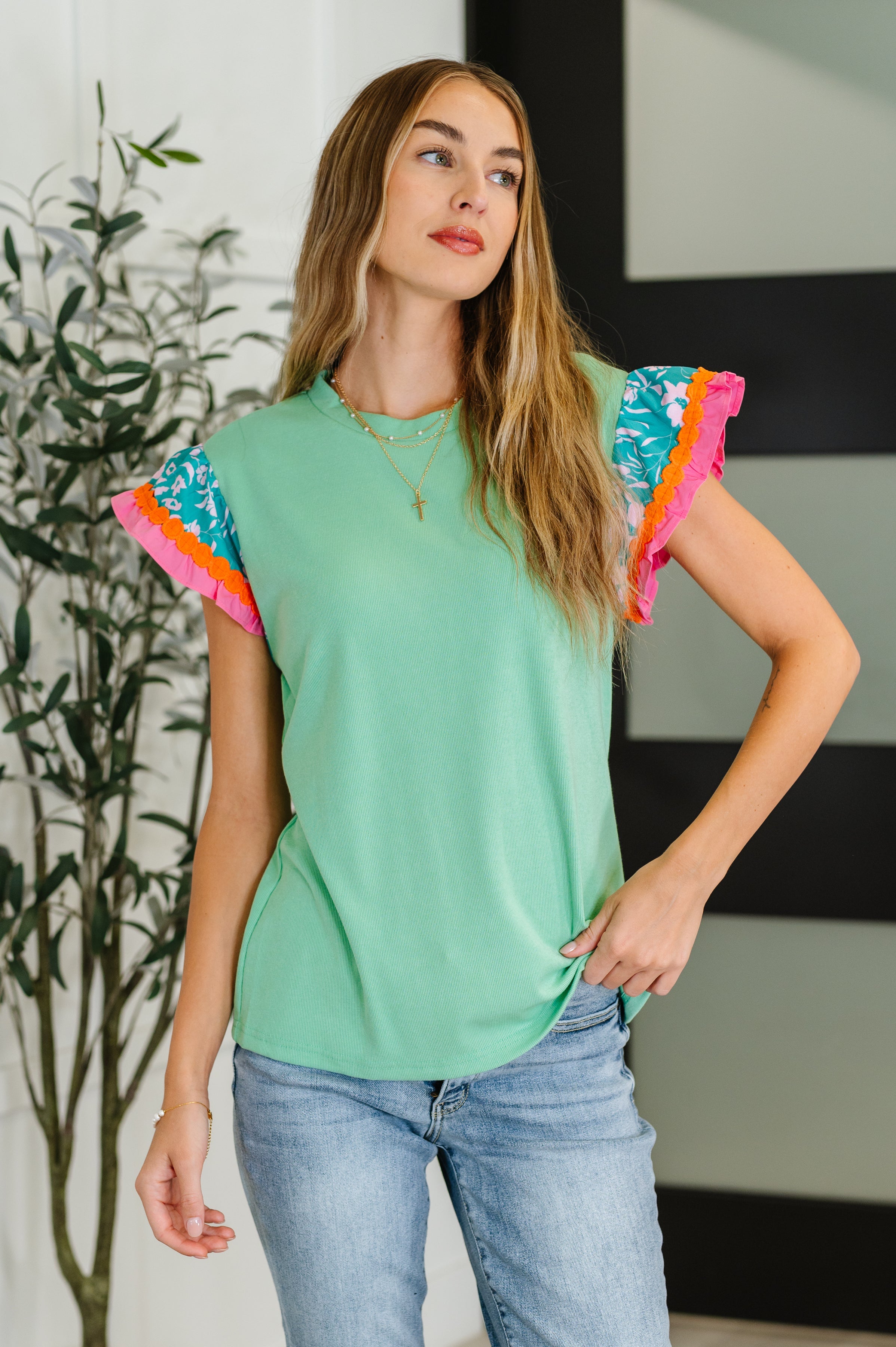Petals & Poise Floral Flutter Sleeve Top in Green - Charming Charlie