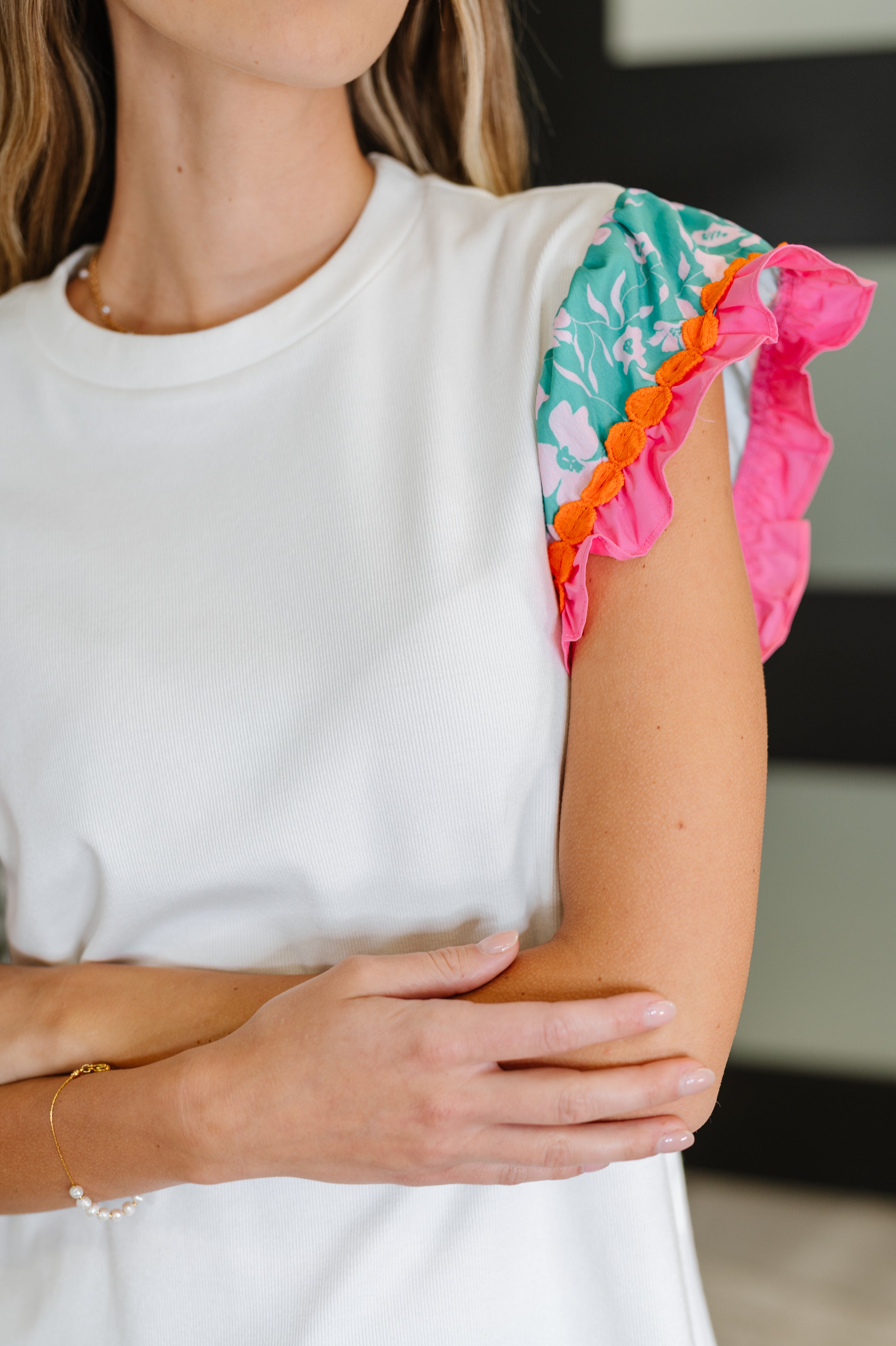 Petals & Poise Floral Flutter Sleeve Top in White - Charming Charlie