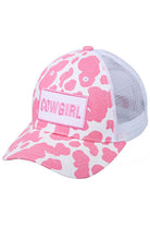 Pink C.C Cowgirl baseball cap features a cow pattern, perfect for any cowgirl looking to add some Western flair to their wardrobe. Made with high-quality materials, this cap is both stylish and durable. Complete your look with this must-have accessory.