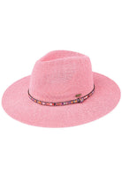 Pink C.C MULTI-THREAD RHINESTONE TRIM BAND PANAMA HAT is a must-have accessory for any fashion-forward individual. Crafted with multi-threaded material and adorned with stunning rhinestone trim, this hat adds a touch of elegance to any outfit. With its versatile design, it's perfect for any occasion and provides excellent sun protection.