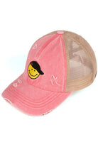 Pink C.C SMILE CRISS-CROSS PONY CAP is a versatile and stylish accessory. Made with high-quality materials and a unique criss-cross design, it offers a secure and comfortable fit. Perfect for any season, this cap adds a touch of fashion to any outfit.