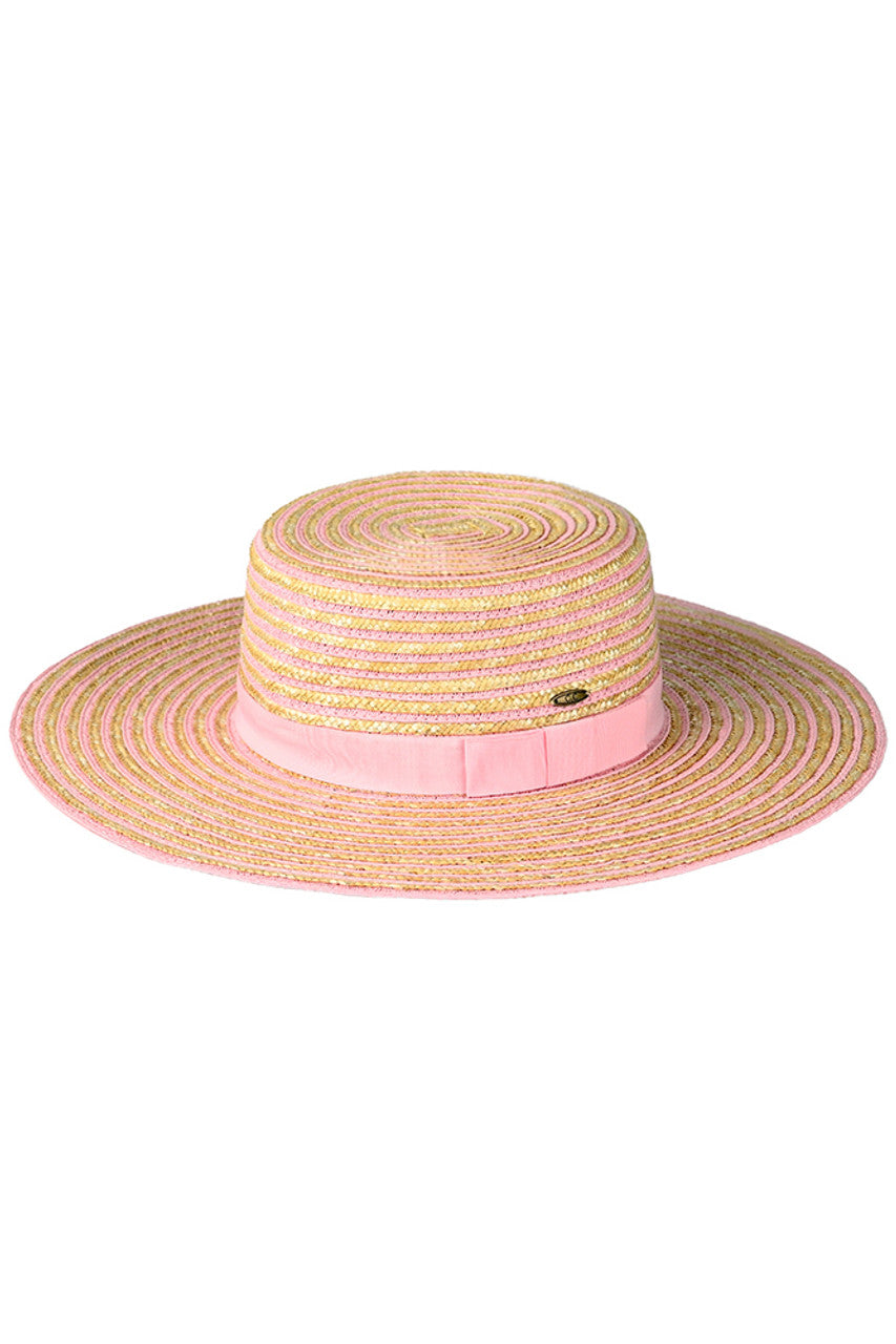 Pink C.C Stripe Pattern Boater Sun Hat offers both style and sun protection. Made with a trendy stripe pattern, this hat is perfect for any outdoor occasion. Crafted with high-quality materials, it provides optimal comfort and durability. Keep the sun off your face in style with this must-have accessory.