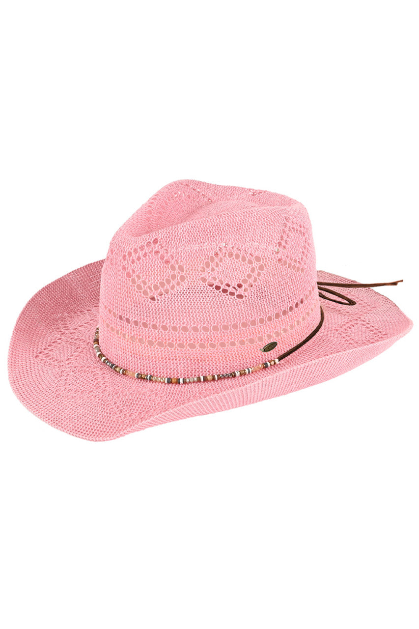 Pink C.C Beaded Charm Trim Woven Cowboy Hat is the perfect accessory for any western inspired look. With intricate beaded charm trim, this hat adds a touch of elegance to its woven design. Made from durable materials, it provides both style and functionality. Upgrade your outfit with this stylish cowboy hat.