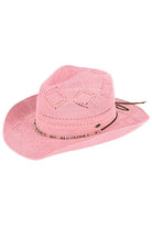 Pink C.C Beaded Charm Trim Woven Cowboy Hat is the perfect accessory for any western inspired look. With intricate beaded charm trim, this hat adds a touch of elegance to its woven design. Made from durable materials, it provides both style and functionality. Upgrade your outfit with this stylish cowboy hat.