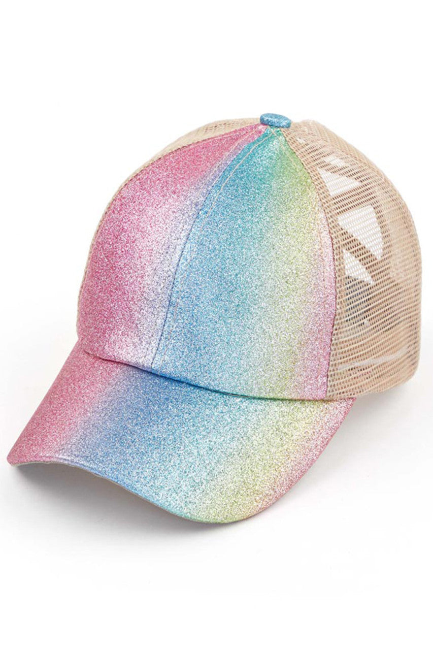 Pink C.C OMBRE GLITTER CRISS-CROSS PONYCAP is the perfect addition to any outfit. Featuring a stylish ombre glitter design and a criss-cross ponytail opening, this cap adds a touch of glam while keeping your hair in place. The ultimate blend of fashion and function.
