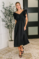 Pinstripe Romance V-Neck Ruffle Sleeve Dress in Black - Charming Charlie