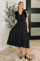 Pinstripe Romance V-Neck Ruffle Sleeve Dress in Black - Charming Charlie