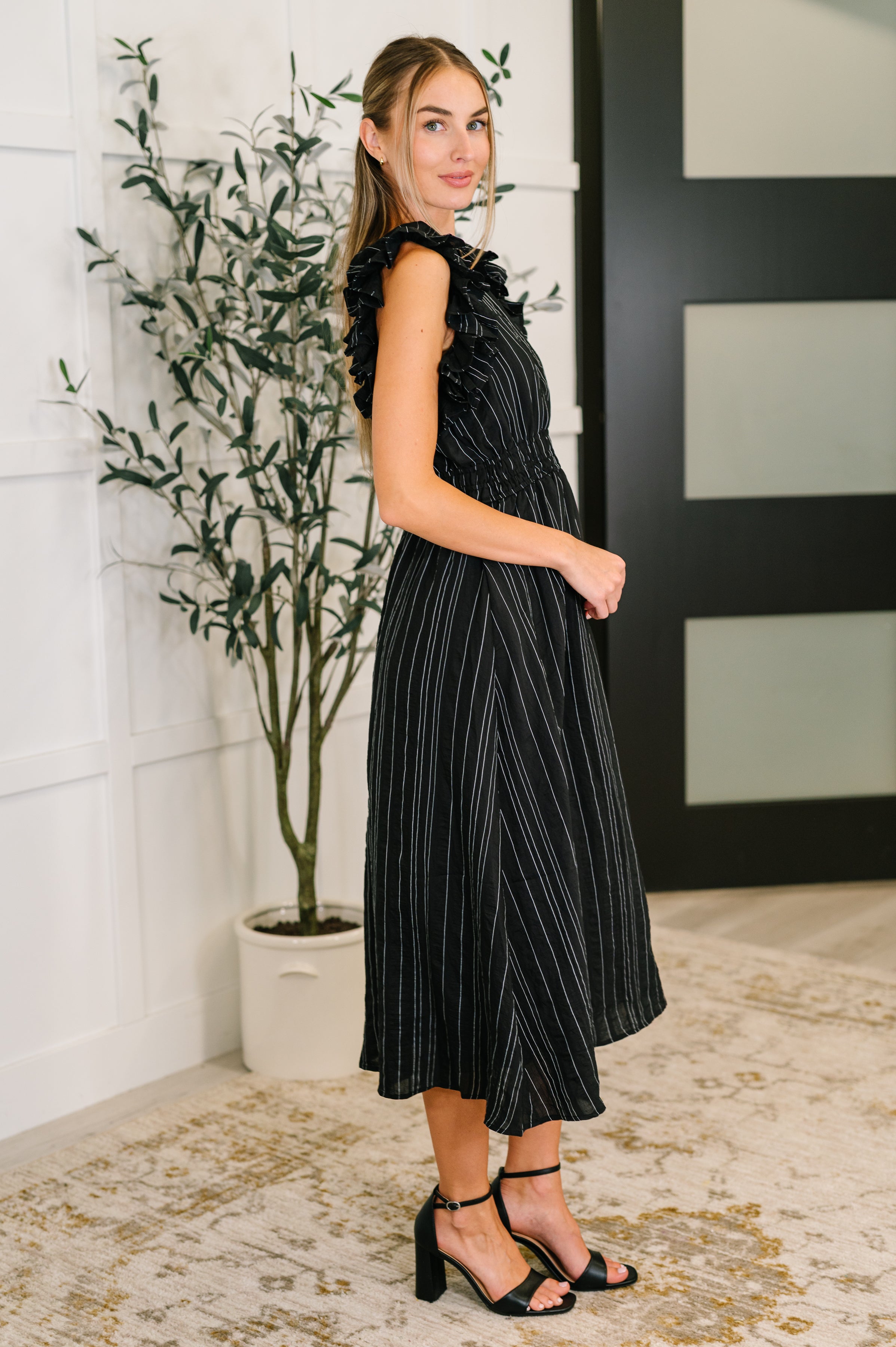 Pinstripe Romance V-Neck Ruffle Sleeve Dress in Black - Charming Charlie