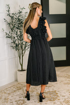 Pinstripe Romance V-Neck Ruffle Sleeve Dress in Black - Charming Charlie