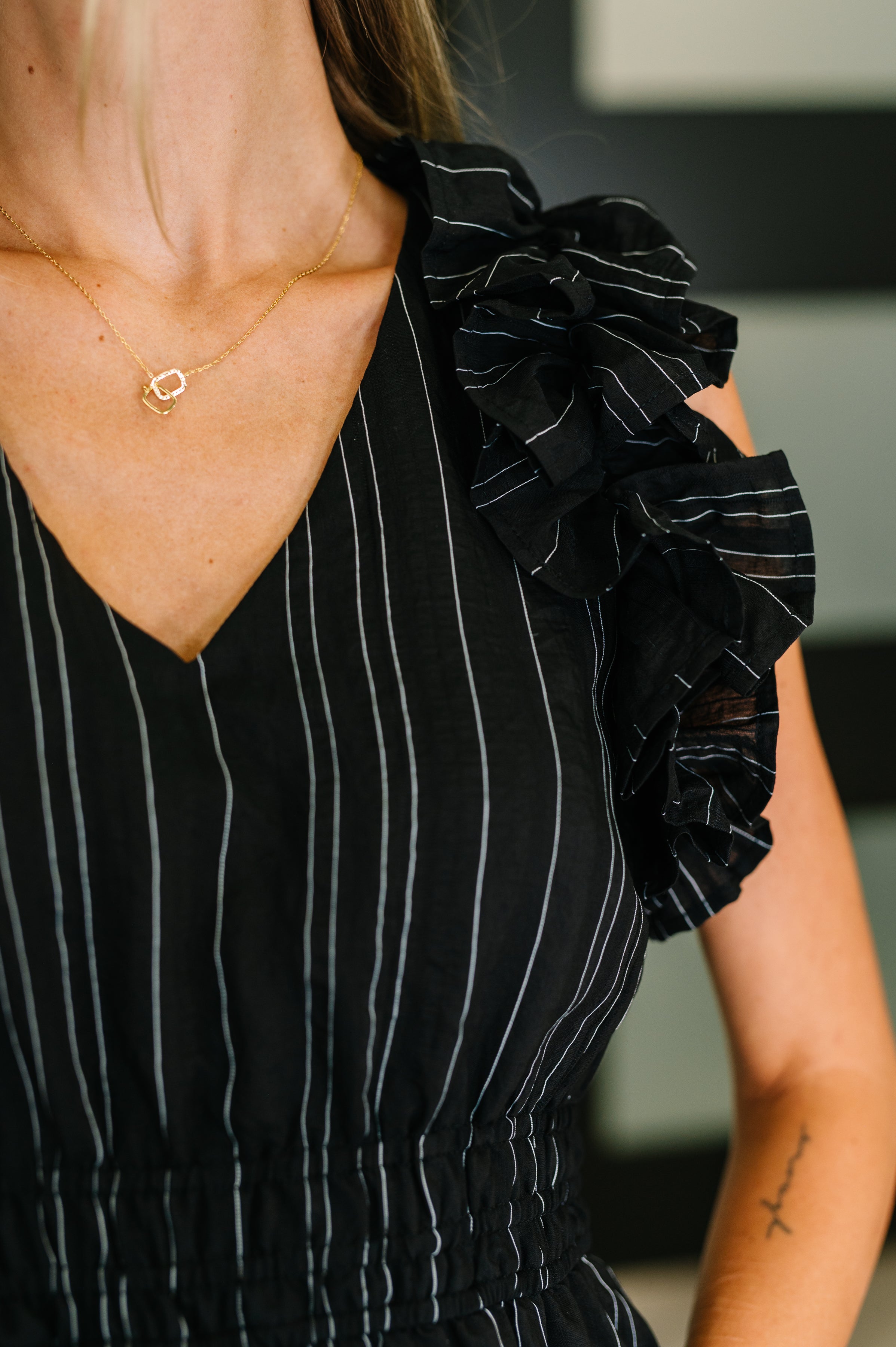 Pinstripe Romance V-Neck Ruffle Sleeve Dress in Black - Charming Charlie