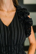 Pinstripe Romance V-Neck Ruffle Sleeve Dress in Black - Charming Charlie