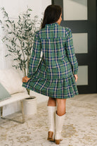Plaid Perspective Split Neck Long Sleeve Dress - Charming Charlie